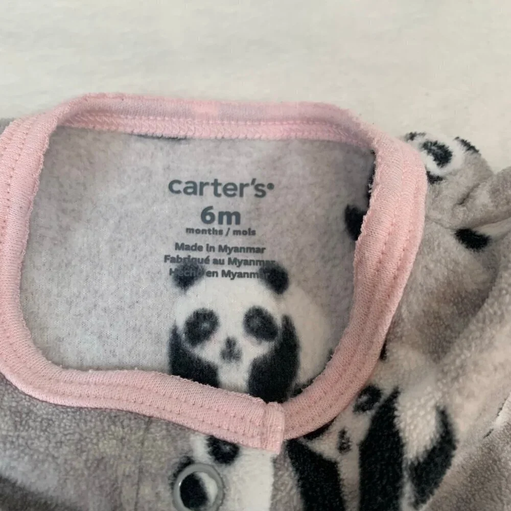 5/$25 Carter's Footed Pajamas Girl 6m Gray Panda‎ Bear Fleece Snap Up Sleeper